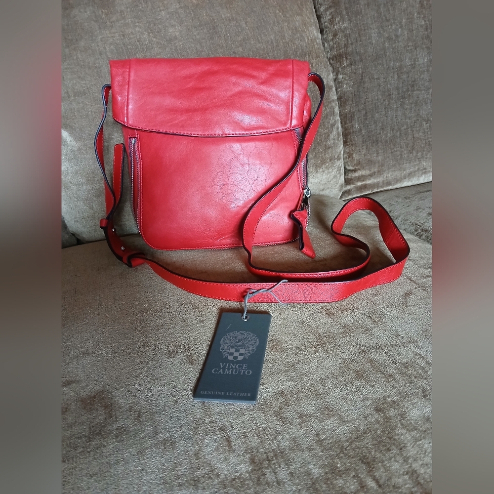 NWT Vince Camuto Red Leather Crossbody Bag with Zippers.